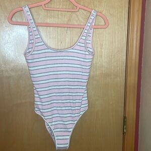 American apparel size S pink grey white striped bodysuit pull on